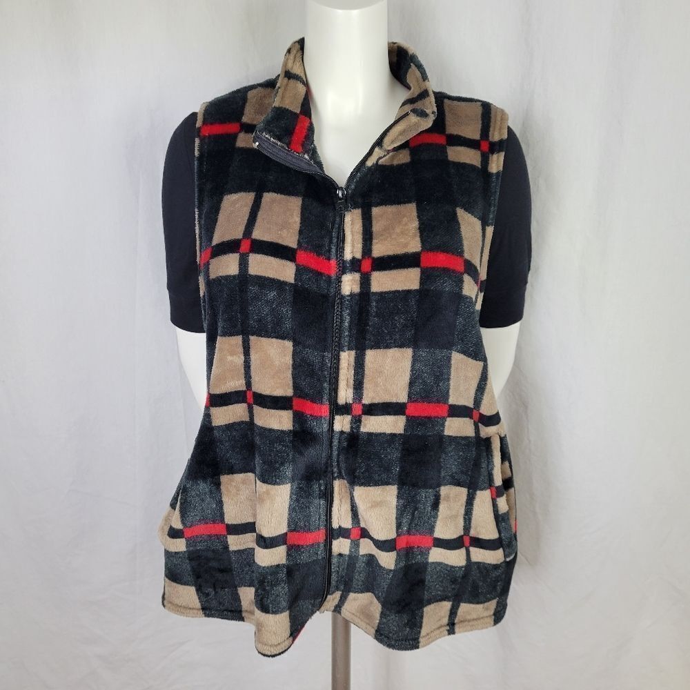 Effeci Woman Plaid Zip Front Double‎ Pocket Vest